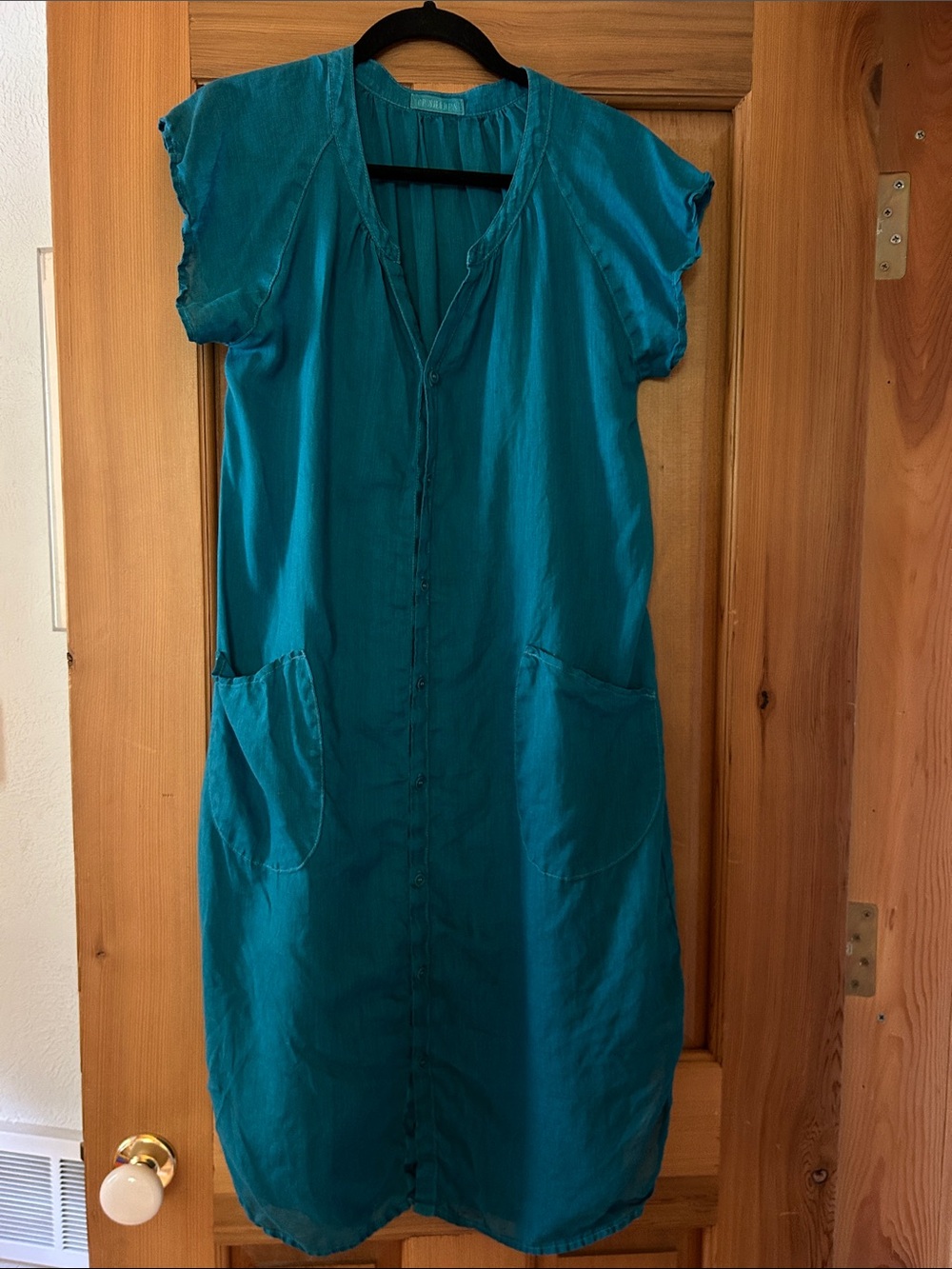 CP Shades Linen Teal Button-Front Casual Midi Dress with Pockets